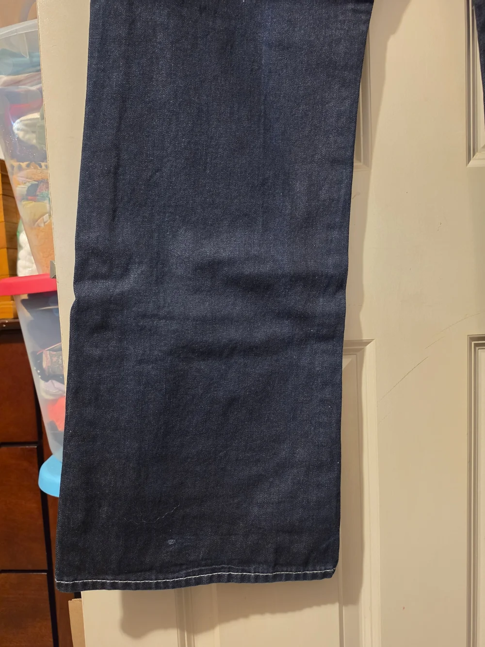True Religion Men’s Dark Blue Bootcut Jeans with Contrast Stitching